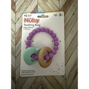 New Nuby Natural Baby Teether- Silicone Heart & Ring- Wooden Circle Free Ship!